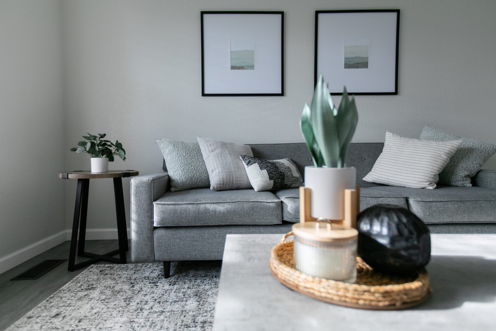 A staged living room with furniture arranged in place