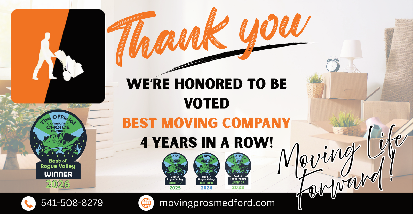 The Moving Pros celebrating Best of Rogue Valley Best Moving Company awards from 2023 through 2026